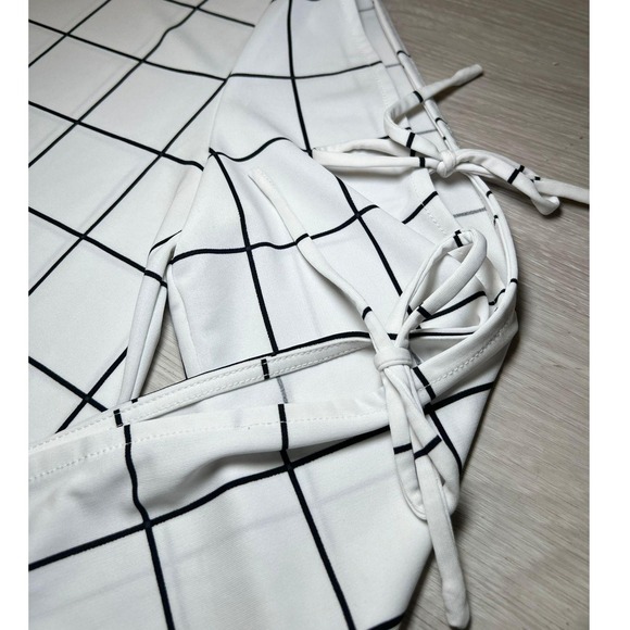 Ann Taylor Factory Women Grid Print Tie Sleeve Top Size Medium White Black - Picture 9 of 11